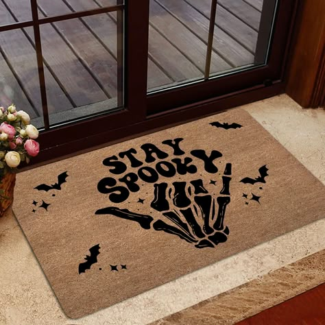 Halloween Skeleton Doormat, Stay Spooky Door Mat, Skeleton Hand Welcome Mat, Spooky Skull Entrance Mat Stay Spooky Doormat, House Mats Front Doors, Sip And Paint Halloween Door Mat, Door Mat Painting Diy Halloween, Diy Halloween Outdoor Rugs, Funny Diy Door Mats, Spooky Door Mat, Halloween Rug Painting Ideas, Halloween Floor Mat