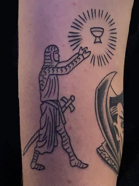 Indiana Jones Tattoo, Grail Knight, Lone Star Tattoo, Religous Tattoo, Ship Tattoo Sleeves, The Last Crusade, Last Crusade, Woodcut Tattoo, Vintage Tattoo Design