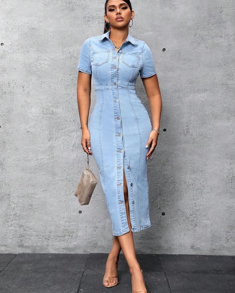 ✨Pre-order only, S(8) - XXL(18)✨ Denim Gown Jean Dresses, Jean Gown Styles, Jeans Gown, Fitted Denim Dress, Modest Winter Outfits, Nyc Winter Outfits, Combination Dresses, Short Sleeve Denim, Womens Denim Dress