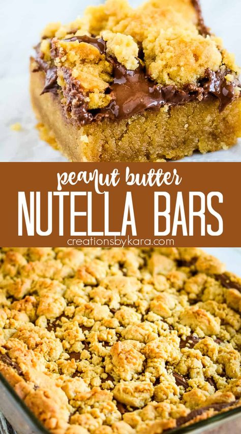 Decadent Nutella Peanut Butter Bars are easy to whip up, but no one can resist them. The creamy nutella filling makes them simply decadent! #peanutbutternutellabars #nutellabars #peanutbutterbars #nutellapeanutbutterbars -from Creations by Kara Nutella Peanut Butter Cookies, Nutella And Peanut Butter Recipes, Nutella Bars, Nutella And Peanut Butter, Nutella Peanut Butter, Nutella Bar, Nutella Sandwich, Nutella Filling, Nutella Go