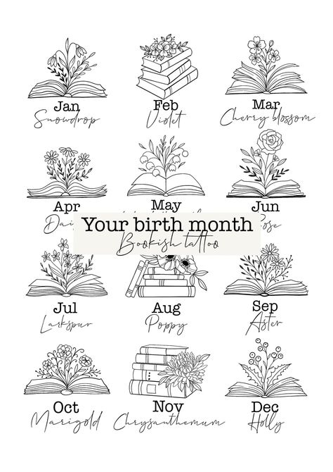 Birth Month Bookish Tattoo Design - Etsy Grandfather Clock Tattoo For Women, Small House Plant Tattoo, Half Sleeve Book Tattoos For Women, Small Book Tattoos For Women, Dainty Book Tattoos, Harry Potter Sleeve Tattoo For Women, Books And Flowers Tattoo, Cat And Book Tattoo, Matching Book Tattoos