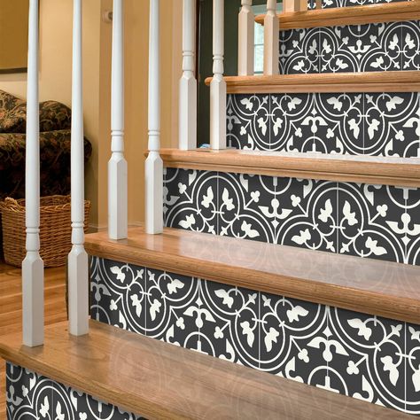 Staircase Paint, Stair Riser Tile, Stairs Remodel, Vinyl Stair Risers, Stair Riser Vinyl, Stair Renovation, Gray Stairs, Vinyl Stairs, Black Stairs