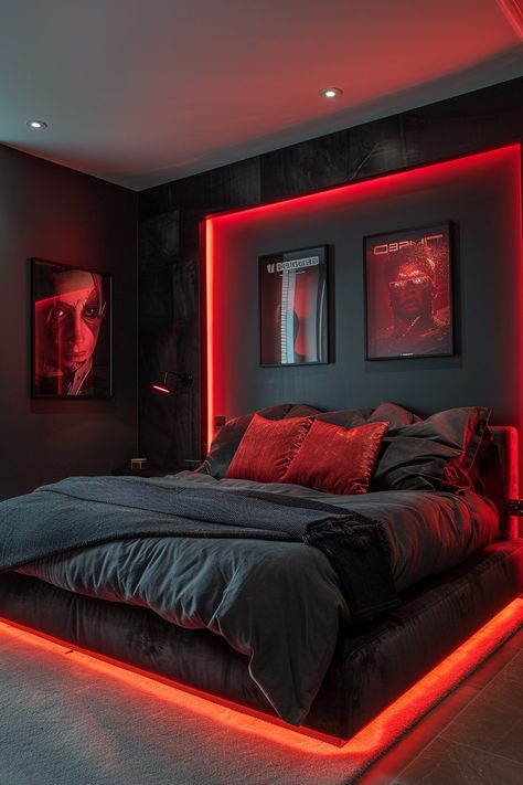 29 Baddie Bedroom Ideas to Unleash Your Inner Glam 23 Rooms With Black Carpet, Masculine Black Bedroom, Red Black And Grey Bedroom Ideas, Men Rooms Ideas, Dark Themed Room Ideas, Modern Neutral Bedroom Design, Sleek Black Bedroom, Cool Bedroom Ideas For Men Man Caves, Room For Men Ideas