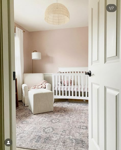 Pink And Grey Nursery Walls, Girl Nursery Pink Walls, Neutral Pink Nursery Paint, Soft Pink Nursery Paint, Baby Girl Nursery Pink Accent Wall, Nursery Pink Walls, Subtle Pink Nursery, Dusty Rose Baby Nursery, Nursery Pink Accent Wall