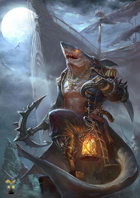 Shark People, Pirate Ship Art, Pirate Art, Heroic Fantasy, 다크 판타지, Monster Concept Art, Fantasy Races, Dungeons And Dragons Characters, Dnd Art