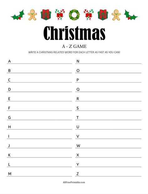 Christmas A-Z Game Christmas Game Free Printable, Christmas Party Invitations Free, Free Christmas Games, Christmas Party Invitations Printable, Christmas Trivia Games, Christmas Word Search, Christmas Shopping List, Abc Printables, Christmas Trivia