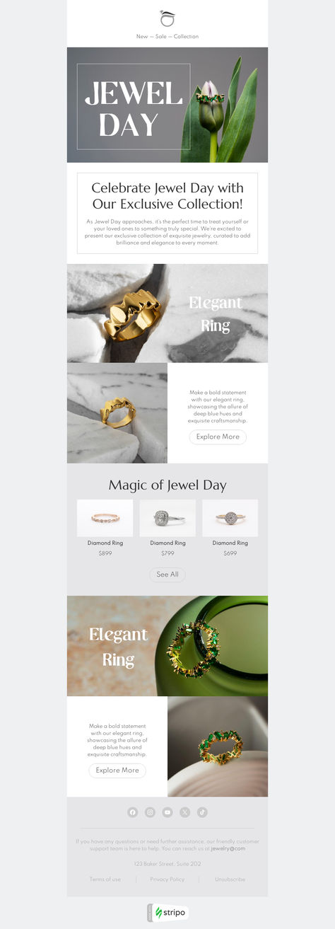 Jewel Day email template "Elegant ring​" for jewelry industry. Create eye-catching templates that leave a lasting impact.🌠🌟 Follow us on Pinterest for design and marketing hacks! 📈💌  #jewelday #stripoemail #emailtips #emailnewsletter #emailtemplate #emaildesign #emailmarketing #emaildesignlayout Jewelry Email Design, Marketing Hacks, Email Marketing Design Inspiration, Holiday Emails, Email Blast, Email Template Design, Email Newsletter Design, Holiday Campaign, Email Marketing Design