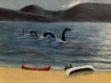 Nessie Painting, Thrift Painting, Altered Thrift Store Art, Thrift Store Painting, Store Painting, Thrift Store Art, Lake Monsters, Repurposed Art, Craft Flowers