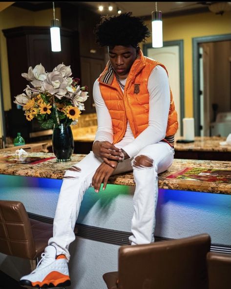 Jordan 13 Outfit Men, Jordan 13 Outfits, Jordan 13 Outfit, Yungeen Ace, Guys Fashion Swag, Orange Streetwear, Drippy Outfit, Rapper Outfits