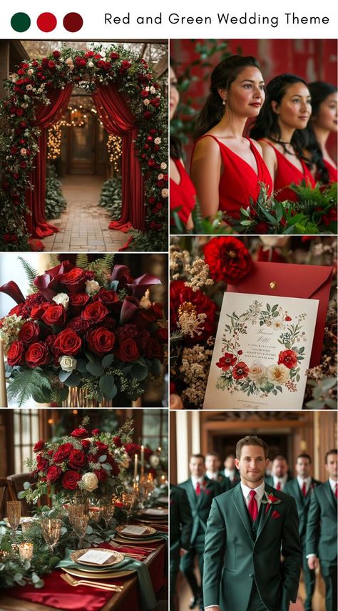 Red and green wedding theme ideas for a festive, vibrant celebration. Forest Green And Red Wedding Theme, Red And Olive Green Wedding, Red Green Wedding Decor, Red And Green Summer Wedding, Different Themes For Wedding, Red Green Wedding Theme, Red Fall Wedding Theme, Ruby Red Wedding Theme, Red Color Scheme Wedding