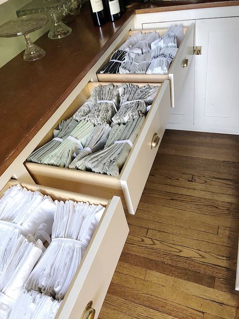 Table Linen Storage, Organizing Linens, Organize Kitchen, Napkin Storage, Butler’s Pantry, Bathroom Linen Cabinet, Linen Closet Organization, Butler Pantry, Linen Collection