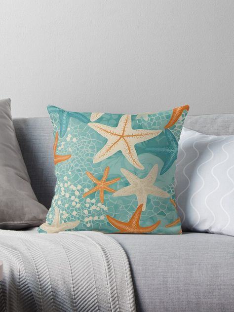 Get my art printed on awesome products. Support me at Redbubble #RBandME: https://www.redbubble.com/i/throw-pillow/Aqua-Teal-Starfish-Beach-Seashell-Pattern-by-SeaStarAlex/164510921.5X2YF?asc=u Surf Style Decor, Tropical Style Decor, Aqua Throw Pillows, Beach House Decor Coastal Style, Seashell Pattern, Seashells Patterns, Coastal Style Decorating, Surf Decor, Pattern Pillow