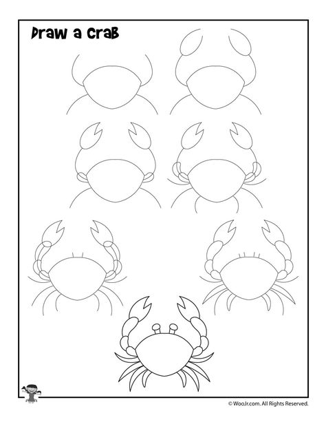 How to Draw a Crab | Woo! Jr. Kids Activities Crab Drawing, Animals To Draw, Draw For Kids, Draw Step By Step, Crab Art, Drawing Lessons For Kids, Camping Art, Art Drawings For Kids, Drawing Lessons