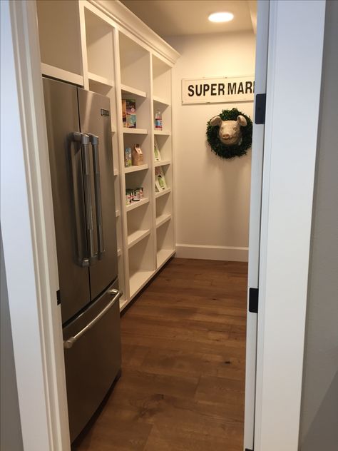 Refrigerator In Pantry, Walk In Pantry With Fridge, Walk In Pantry Ideas Layout, Open Farmhouse, Small Walk In Pantry, Walk In Pantry Ideas, Narrow Pantry, Open Pantry, Pantry Layout