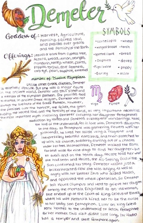 Demeter Offerings, Greek Mythology Notes, Demeter Altar, Greek Mythology Journal, Pagan Gods And Goddesses, Demeter Greek Goddess, Demeter Goddess, Deity Work, Greek Deities