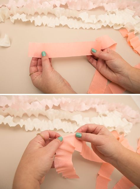 Learn how easily you can make this chic wedding chair decor out of just crepe paper! Decorating With Paper Streamers, Crepe Paper Table Decorations, Crepe Paper Table Skirt, Ruffled Crepe Paper, Crepe Paper Ruffles Diy, Crepe Paper Party Decorations, Crepe Paper Streamers Ideas, Crepe Streamer Ideas, Crepe Paper Backdrop