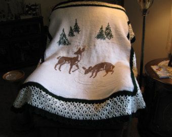 HANDMADE CROCHETED AFGHAN - Hand Embroidered Peaceful Scene of Gentle Deer in Snow - Herrschner's Best Yarn Deer Buck, Afghan Throw Blanket, Granny Square Afghan, Crochet Throw Blanket, Maltese Puppy, Daffy Duck, Afghan Blanket, Crochet Throw, Red Heart Yarn