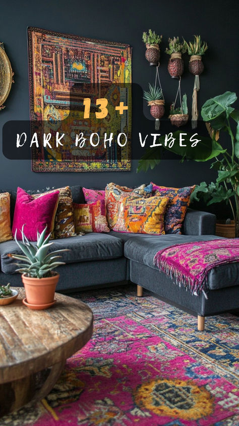 Elevate your living space with dark boho charm! Click to discover 13 ideas that blend rich colors and eclectic vibes. 🌑🌿 #BohoLivingRoom #DarkBoho #InteriorDesign #HomeDecor #EclecticStyle Maximalist Decor Bookshelf, Jewel Tone Lounge Room, Dark Green Living Rooms Ideas, Dark Boho Chic Living Room, Thrifted Living Room Aesthetic, Boho Living Room Inspiration Grey Couch, Boho Vintage Decor Living Room, Boho Witch Living Room, Vintage Living Rooms Ideas