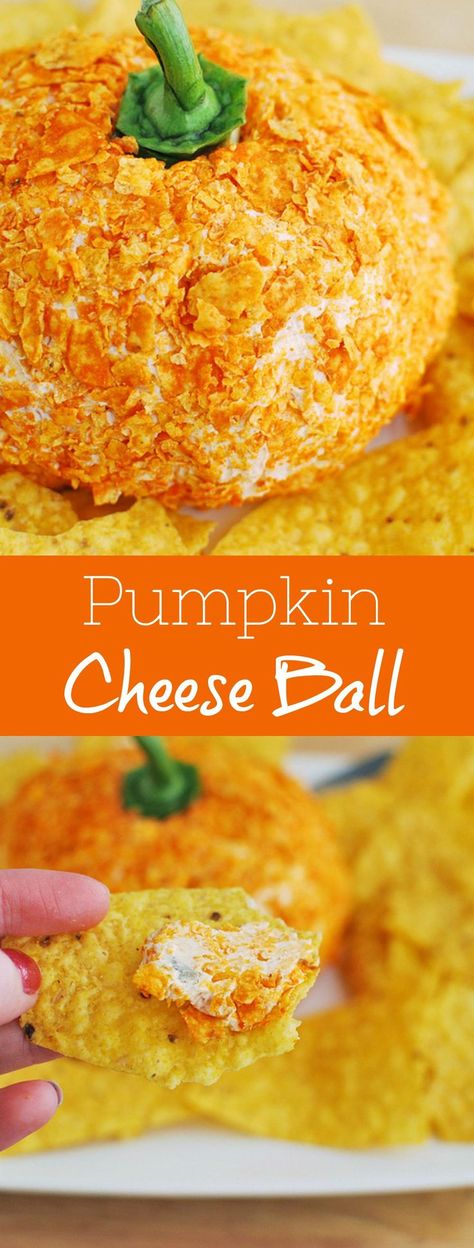 Pumpkin Cheese Ball - spicy cheese ball covered in Doritos and topped with a bell pepper stem! This is so cute for fall parties! Spicy Cheese Ball, Pumpkin Cheese Ball, Cheddar Cheese Ball, Fake Ginger, Savory Pumpkin, Ball Recipes, Diy Easy Recipes, Spicy Cheese, Savory Cheese