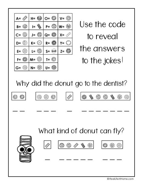 Coded Donut Jokes Printable - Crack the Code Sheet (from a free set on Real Life at Home) Code Puzzles, Word Puzzles For Kids, Critical Thinking Activities, Substitute Teaching, Spelling Worksheets, Coded Message, Fun Worksheets, Coding For Kids, Secret Code