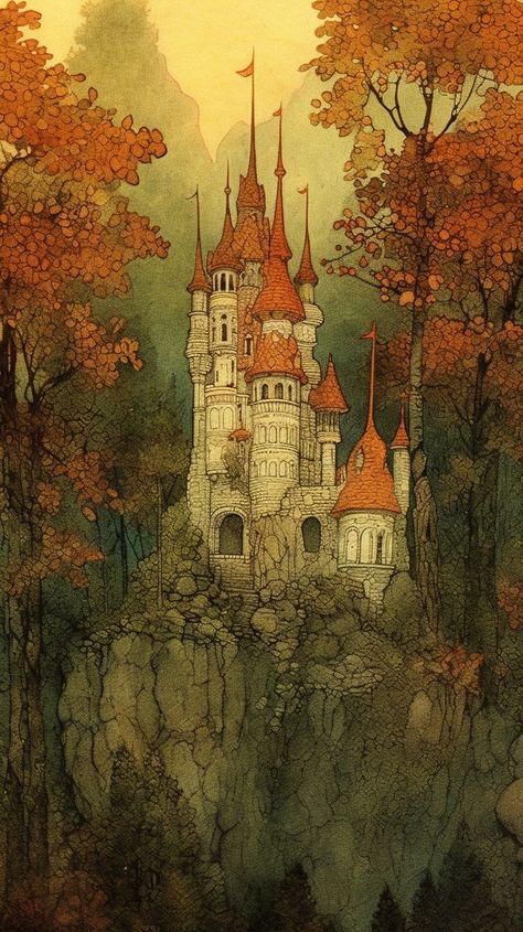 Castle Surrounded By Forest, Fairytale Oil Painting, Fairytale Storybook Aesthetic, Fairy Tale Art Illustration, Forest Fairy Illustration, Fairytale Forest Illustration, Classic Fairytale Illustration, Medieval Forest Aesthetic, Vintage Fairytale Illustration