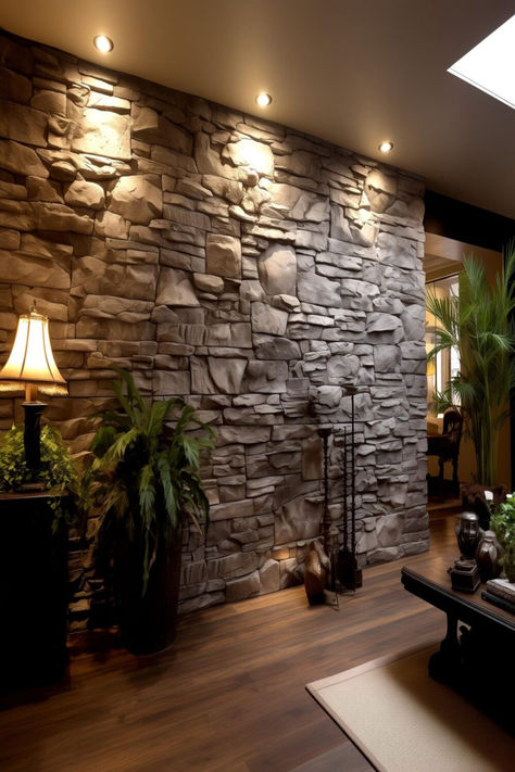 A textured stone accent wall in a stylish interior, combining nature and creativity for stunning wall ideas. Natural Stone Accent Wall, Stone Wall Interior Design Living Room, Indoor Stone Wall Living Room, Rock Wall Interior Design, Diy Stone Accent Wall, Hall Feature Wall, Rock Wall Interior Living Room, Stone Feature Wall Living Room, Natural Stone Wall Interior