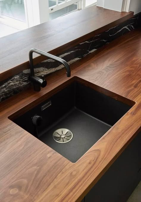 Black Sink Oak Worktop, Dark Wood Kitchen Counter, Dark Kitchen Wooden Worktop, Black Sink Wood Countertop, Black Kitchen With Wood Countertop, Black Kitchen Wooden Worktop, Dark Oak Countertop Kitchen, Teak Countertop Kitchen, Wood Benchtop Kitchen