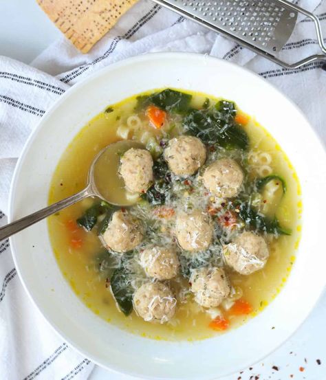 This Italian Wedding Soup is delish! Try this comfort meal today. Mini Meatball Soup, Soup With Noodles, Soups To Make, Chicken Meatball Soup, Ground Chicken Meatballs, Tomato Tortellini Soup, Chicken Meatball, Chicken Minis, Chicken With Italian Seasoning