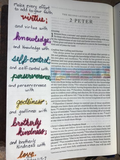 2 Peter 1:5-7 2 Peter 1 5-7, 2 Peter 1:5-8, 2 Peter Bible Journaling, 1 Peter Bible Journaling, 2 Peter 1, Bible Reminders, Peter Bible, Bible Drawings, Scripture Art Journaling