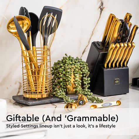 HIGH QUALITY MEETS HIGH STYLE – this silicone black and gold utensils set combine the best of function and form; food-grade silicone is nonstick and BPA-free; also highly durable and resistant to cold and hot temperatures ranging from -22 Fahrenheit to 400 Fahrenheit, making this 17-piece black utensils set perfectly suited for all your kitchen needs
CUSTOMER SATISFACTION GUARANTEE Gold Measuring Cups, Gold Kitchen Utensils, Black And Gold Kitchen, Gold Utensils, Gold Kitchen Accessories, Silicone Tongs, Kitchen Utensils Set, Silicone Cooking Utensils, Measuring Cups And Spoons