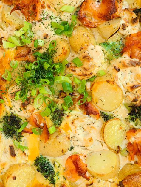 Creamy Salmon Bake Salmon Tray Bake, Taming Twins, Slow Cooker Salmon, Salmon Bake, Potatoes And Broccoli, Potatoes Broccoli, Smoked Salmon Pasta, Creamy Salmon, Broccoli And Potatoes