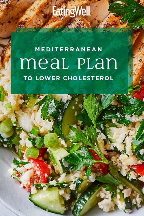 In this healthy Mediterranean meal plan to lower cholesterol, you'll eat deliciously while lowering high cholesterol levels and boosting your heart health. In this healthy meal plan, we followed the principles of the Mediterranean diet to help you lower your "bad" LDL cholesterol levels and triglyceride levels while subsequently increasing your "good" HDL cholesterol levels. #mealplan #mealprep #healthymealplans #mealplanning #mealplanideas #healthyrecipes Meal Plan To Lower Cholesterol, Heart Healthy Recipes Cholesterol, Mediterranean Meal Plan, Cholesterol Friendly Recipes, Low Cholesterol Diet Plan, To Lower Cholesterol, Low Cholesterol Diet, Low Cholesterol Recipes, Cholesterol Lowering Foods