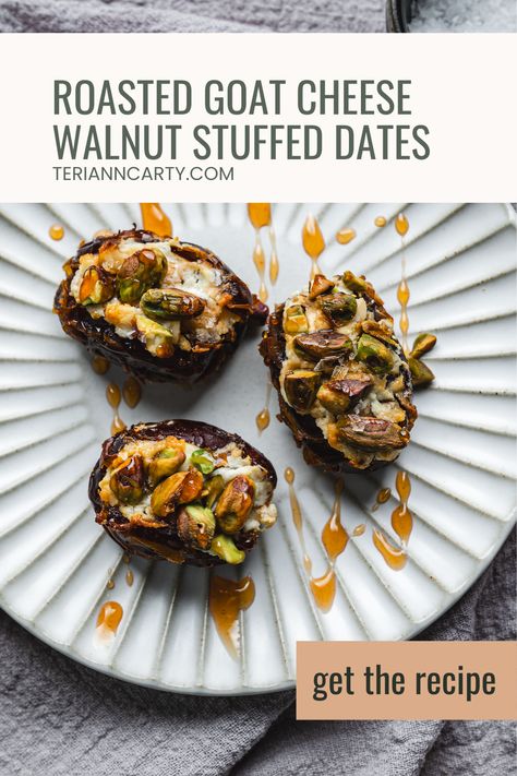 Walnut & Goat Cheese Stuffed Dates (with Spicy Honey!) Baked Dates With Goat Cheese, Savory Stuffed Dates, Date Appetizer Recipes, Stuffed Dates Recipes Appetizers, Dates Goat Cheese, Goat Cheese Stuffed Dates, Honey Appetizers, Cheese Stuffed Dates, Stuffed Dates