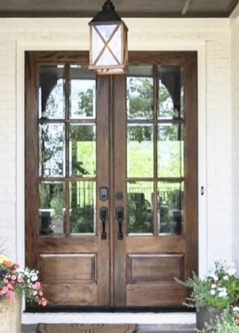 Farmhouse Exterior Double Front Doors, Barndo Double Front Door, Farmhouse Double Front Door Entryway, Double Exterior Doors Front Entry, Rustic Front Door Double, Farm House Double Front Door, Double Exterior Doors, Entry Farmhouse, Doors With Windows