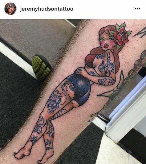 Tattooed pinup girl tattoo Viking Pinup Tattoo, Redhead Pinup Tattoo, Womans Hip Tattoo, Old School Pinup Tattoo, American Traditional Pin Up Girl, Tattoo Sleeve Girl, Pin Up Zombie, Traditional Tattoo Pin Up, Pinup Witch