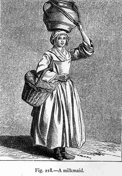 Illustration "A milkmaid" from the book "Paris Street Cries" by Bouchardon, 1737-1742. She wears a neckerchief, thigh-length bedgown, pinner apron, and petticoat(s.)  She appears to have two caps on, or a cap covered by a kerchief. 18th Century Peasant, Peasant Clothing, 18th Century Women, 18th Century Dress, 18th Century Paintings, 18th Century Costume, 18th Century Clothing, French History, 18th Century Fashion