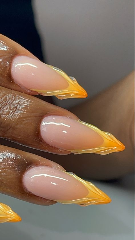 Yellow nails. Almond shape Nails To Go With A Yellow Dress, Almond Nails Peach, Almond Nails Yellow French Tip, Yellow Outline Nails, Nails Almond Yellow, Almond Yellow French Nails, Nails Tips Design, Almond Shape Nails Designs, Almond Nails French Tip Design