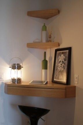 floating corner shelves - love the corner pull out drawer! Diy Corner Shelves, Diy Corner Shelf, Wall Shelf With Drawer, Corner Shelf Ideas, Corner Shelf Design, Ikea Floating Shelves, Floating Shelf With Drawer, Floating Shelves Bedroom, Wall Shelf Unit