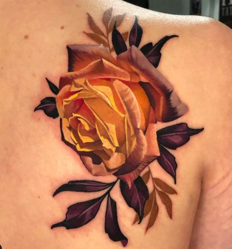 rose tattoo Golden Rose Tattoo, Gold Rose Tattoo, Rose Leaves Tattoo, Rose Back Tattoo, Rose Chest Tattoo, A Rose Tattoo, Rose Tattoo On Back, Meaning Art, Flowers Tattoos