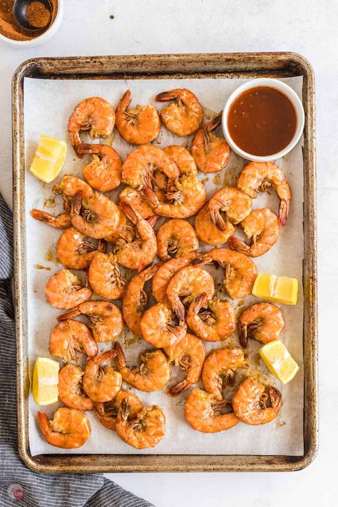 Best Old Bay Shrimp (Oven Baked) Take Two Tapas Steamed Shrimp Old Bay, Oven Fried Shrimp, Oven Baked Shrimp Recipes, Shrimp Oven, Steamed Shrimp Recipe, Bake Shrimp, Oven Shrimp Recipes, Oven Baked Shrimp, Oven Roasted Shrimp