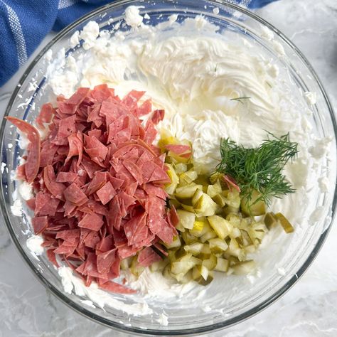 This dill pickle dip with dried beef is so good!! Creamy dip with crunchy dill pickles and delicious dried beef. Serve this dip with chips, crackers, or veggies. It's even great as a pinwheel filling. Dried Beef And Pickle Dip, Dill Pickle Wrap Dip, Dill Pickle Dip With Dried Beef, Dip With Dried Beef, Dill Pickle Pinwheels, Dried Beef Dip, Dried Beef Recipes, Crunchy Dill Pickles, Pickle Dip Recipe