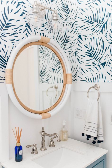 Coastal Mirrors Bathroom, Modern Coastal Wallpaper, Coastal Bathroom Wallpaper, Coastal Mudroom, Nautical House, Modern Coastal Bathroom, Master Remodel, Mudroom Bathroom, Nautical Ideas