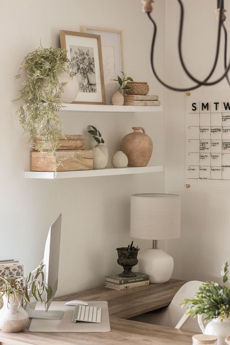 Interior decorator and home blogger Liz Fourez shares a peek inside her cozy home office Home Office Meeting Space, How To Decorate Wall Above Desk, Open Shelving Above Desk, Boho Wall Decor Office, Home Office Decor Wall, Work Shelf Decor, White And Wood Office Design, Cute Home Offices, Neutral Aesthetic Office Decor