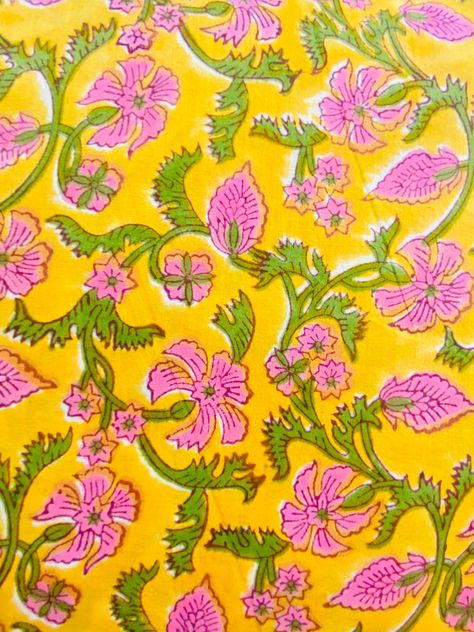 Yellow Indian Hand block Print Fabric by the Meter,Dress Making, Women Clothing ,Sewing crafting, 100% pure cotton, Curtain Quilting Fabric, Indian Textile Prints, Indian Block Print Fabric, Indian Patterns, Block Print Fabric, Indian Block Print, Indian Textiles, Hand Block Print, Block Printing Fabric, Botanical Pattern