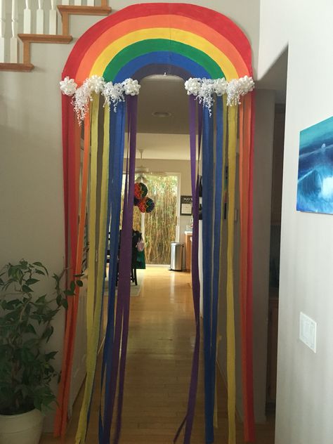 Diy Rainbow Party Decor, Rainbow Entrance Decoration, Rainbow Themed Decorations, Dollar Tree Rainbow Party, Giant Rainbow Decoration, Rainbow Ceiling Decorations, Pride Decorations Party, Pride Month Decorations Diy, Trans Party Ideas