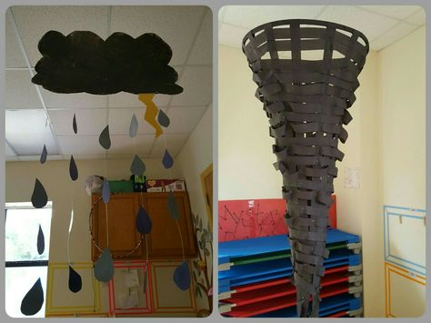 Pre-K Storm/Hurricane Unit decor: Students fingerprinted rsinclouds (mixing black and white paint to make gray storm clouds) and tornado made from a hula hoop and black streamers Decoration For Classroom, Weather Party, Barn Crafts, Fairy Tale Theme, 5th Birthday Party Ideas, Light Decoration, Strobe Light, Cool Art Projects, Strobe Lights