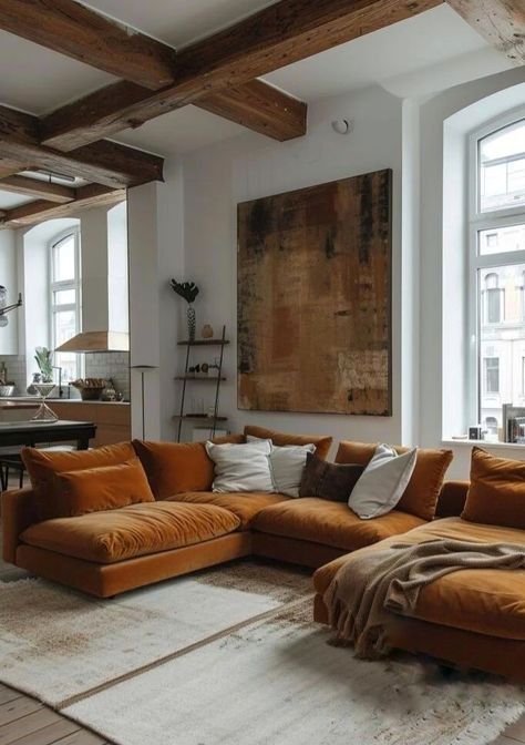 Caramel Sofa Living Room Ideas, Caramel Sofa, Yellow Sofa, Velvet Couch, Loft Room, Home Decor Inspiration, Living Room Sofa, Decor Inspiration, Home Interior Design