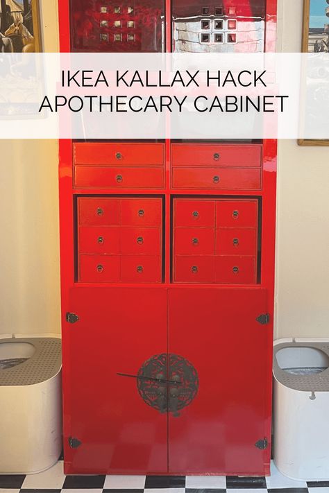 Chinese apothecary cabinet: How to make one affordably. A useful, head turning cabinet in popping red to store medical supplies, laundry and kitchen items. Mini chest of drawers keep medicine sorted, like in a real apothecary! Apothecary Cabinet Diy, Diy Drawer Liners, Chinese Apothecary, Red Cabinet, Ikea Kallax Hack, Chinese Cabinet, Ikea Finds, Easy Ikea Hack, Apothecary Cabinet