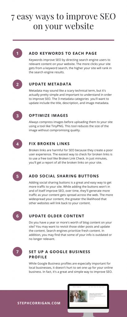 7 easy ways to improve SEO on your website - Steph Corrigan Design | Brand and Web Designer Seo Writing, Seo Basics, Website Copy, Seo For Beginners, Seo Search Engine Optimization, Learn Seo, Website Seo, Google Seo, Google Ranking