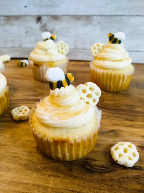 Honey Bee Cupcakes with Honey Buttercream - BeeyondCereal Cupcakes With Bees, Bumble Bee Cupcake Cake, Bee Party Snacks, Honey Bee Tea Party, Bee Birthday Cupcakes, Sweet As Can Bee Cake, Diy Bee Cake, Good To Bee Three Birthday, Bee Cupcake Cake